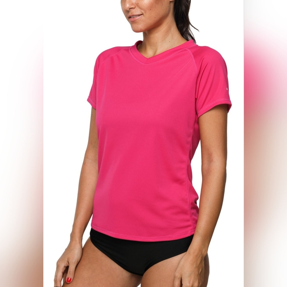 Vibrant Fuschia Pink Short Sleeve Women's Swim Rash Guard Tee Size Large UPF 50